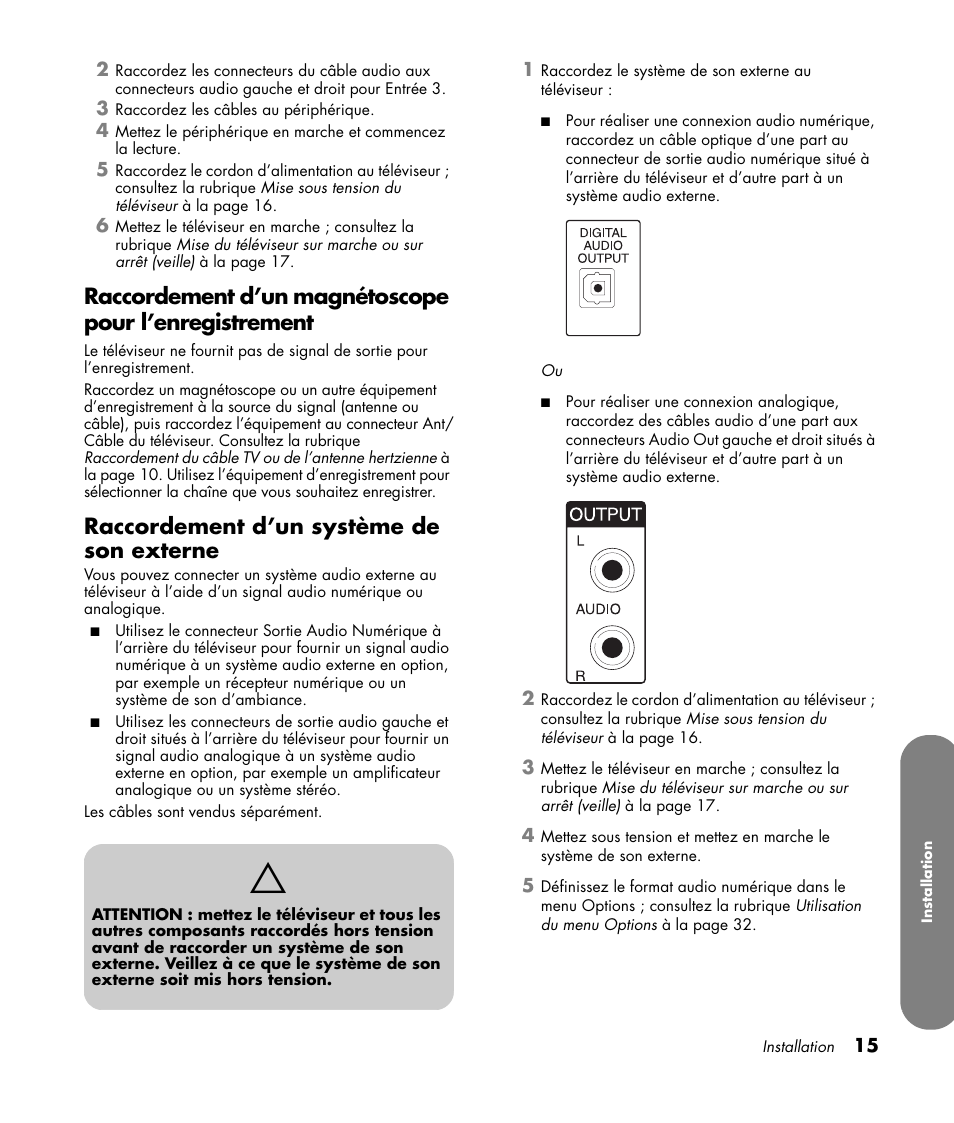 Raccordement d’un système de son externe | HP LC3760N User Manual | Page 87 / 186