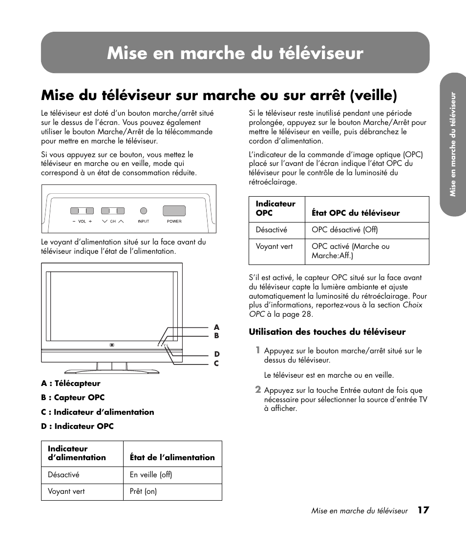 Mise en marche du téléviseur, Mise du téléviseur sur marche ou sur arrêt, Veille) | Mise du téléviseur sur marche ou sur | HP LC3760N User Manual | Page 89 / 186