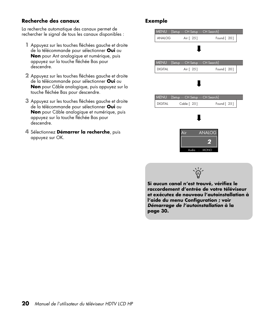 Recherche des canaux, Exemple | HP LC3760N User Manual | Page 92 / 186