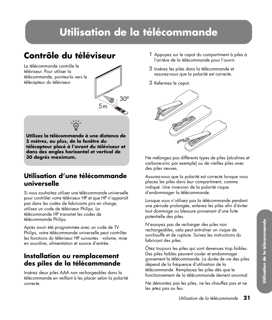 Utilisation de la télécommande, Contrôle du téléviseur, Utilisation d’une télécommande universelle | HP LC3760N User Manual | Page 93 / 186