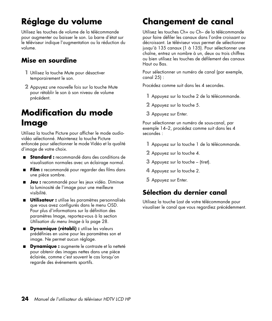 Réglage du volume, Mise en sourdine, Modification du mode image | Changement de canal, Sélection du dernier canal, Modification du mode image changement de canal | HP LC3760N User Manual | Page 96 / 186