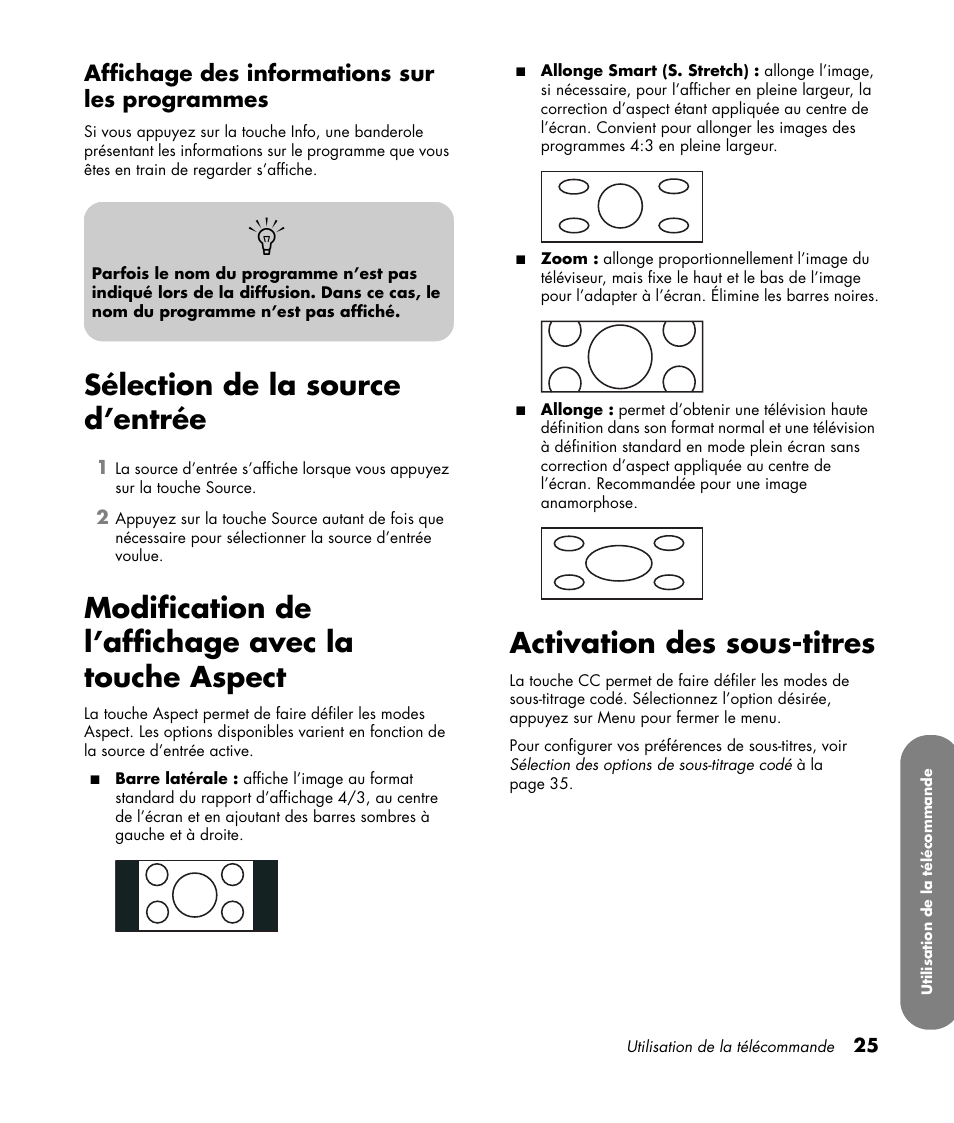 Affichage des informations sur les programmes, Sélection de la source d’entrée, Modification de l’affichage avec la touche aspect | Activation des sous-titres | HP LC3760N User Manual | Page 97 / 186