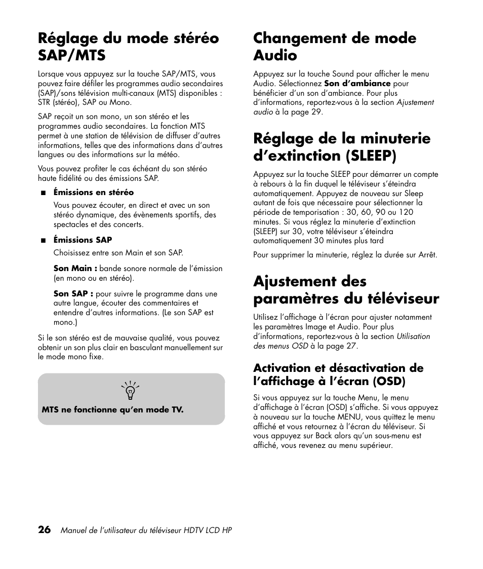 Réglage du mode stéréo sap/mts, Changement de mode audio, Réglage de la minuterie d’extinction (sleep) | Ajustement des paramètres du téléviseur | HP LC3760N User Manual | Page 98 / 186