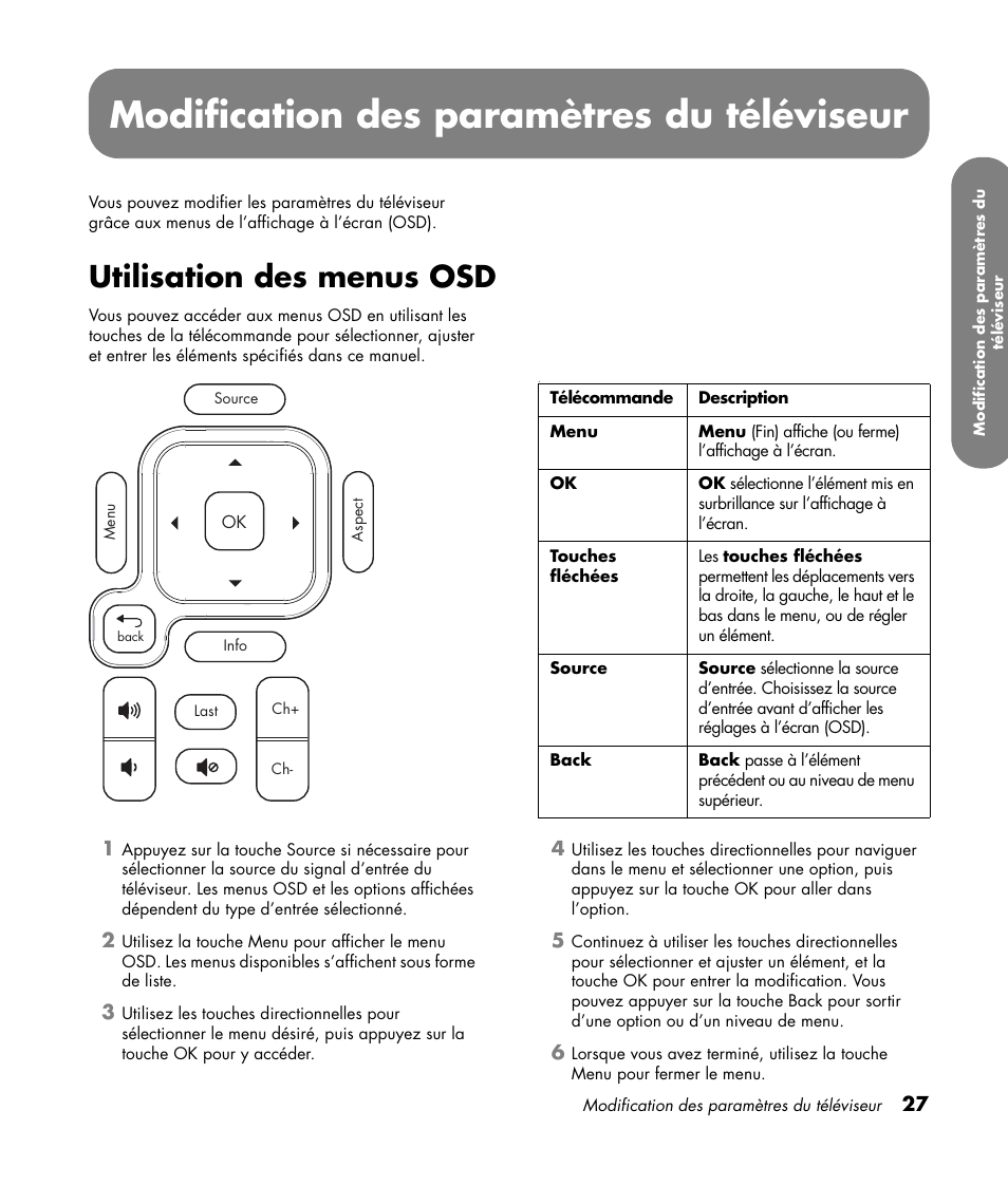 Modification des paramètres du téléviseur, Utilisation des menus osd | HP LC3760N User Manual | Page 99 / 186