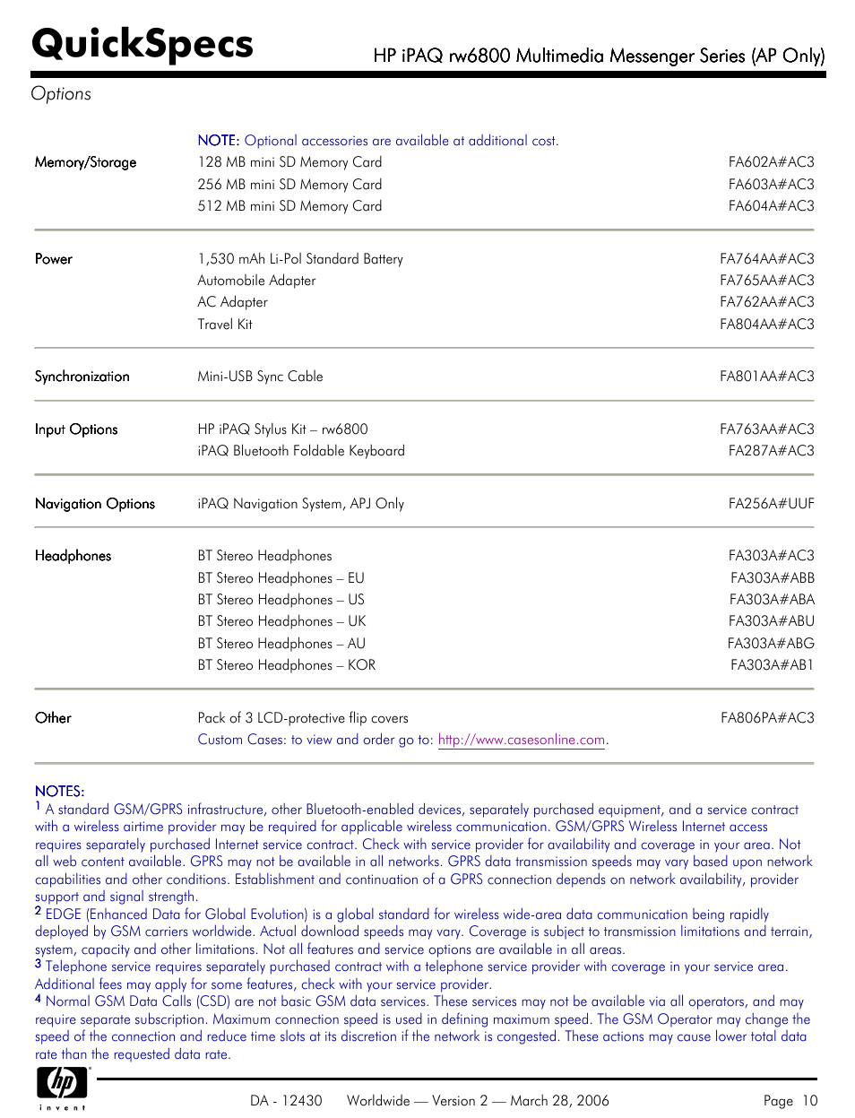 Options, Quickspecs | HP iPAQ rw6800 User Manual | Page 10 / 11