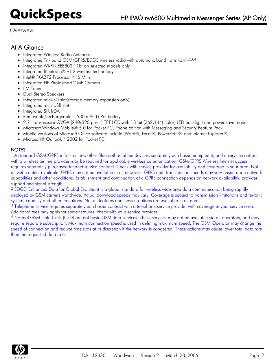 Quickspecs, At a glance | HP iPAQ rw6800 User Manual | Page 2 / 11