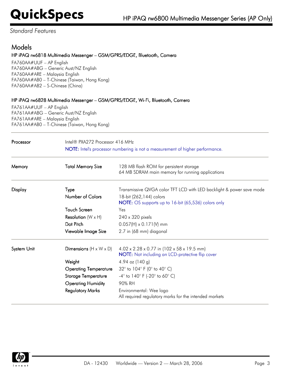 Standard features, Quickspecs, Models | HP iPAQ rw6800 User Manual | Page 3 / 11