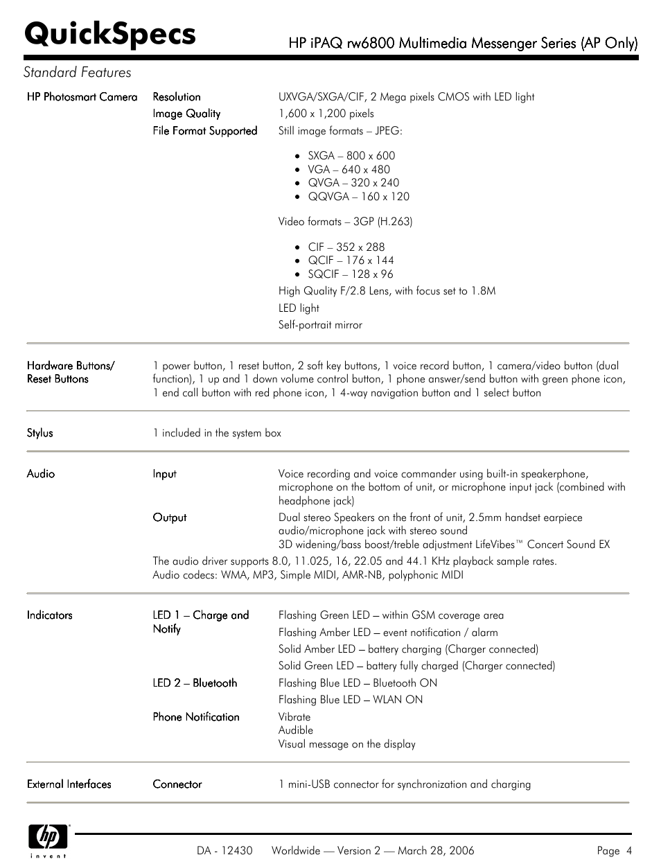 Quickspecs | HP iPAQ rw6800 User Manual | Page 4 / 11