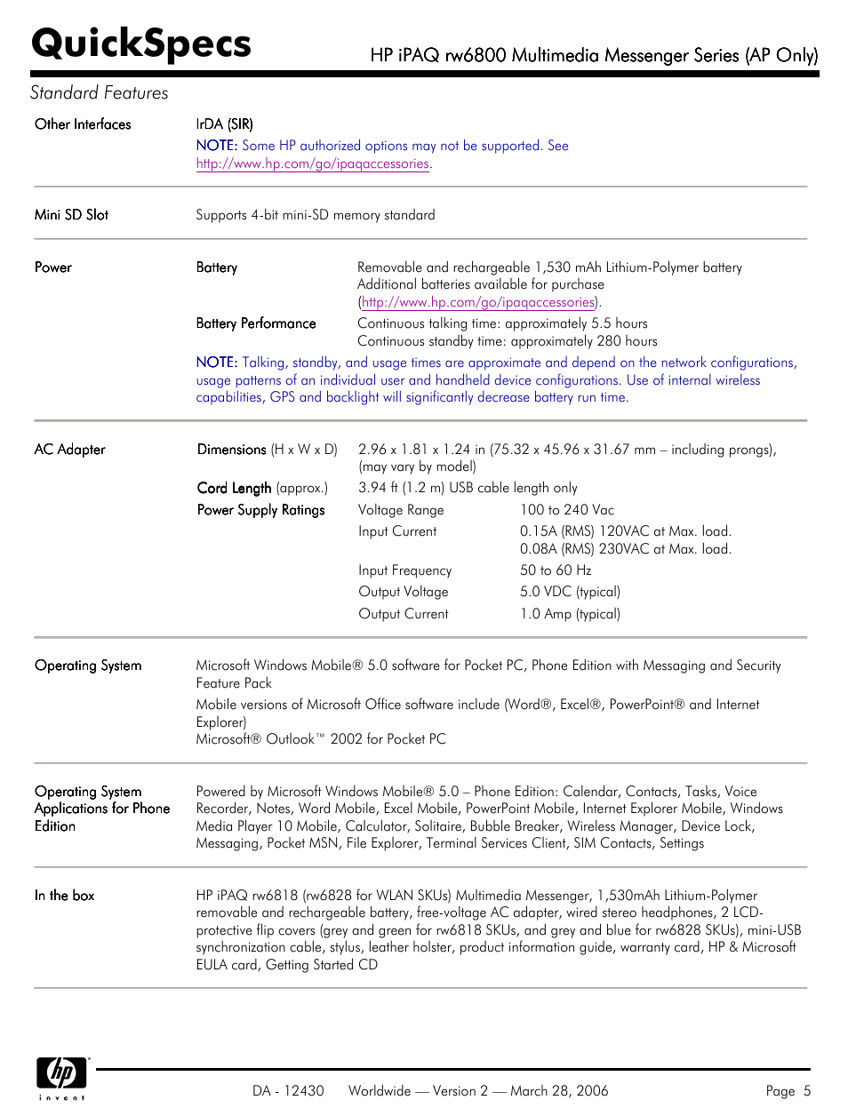 Quickspecs | HP iPAQ rw6800 User Manual | Page 5 / 11