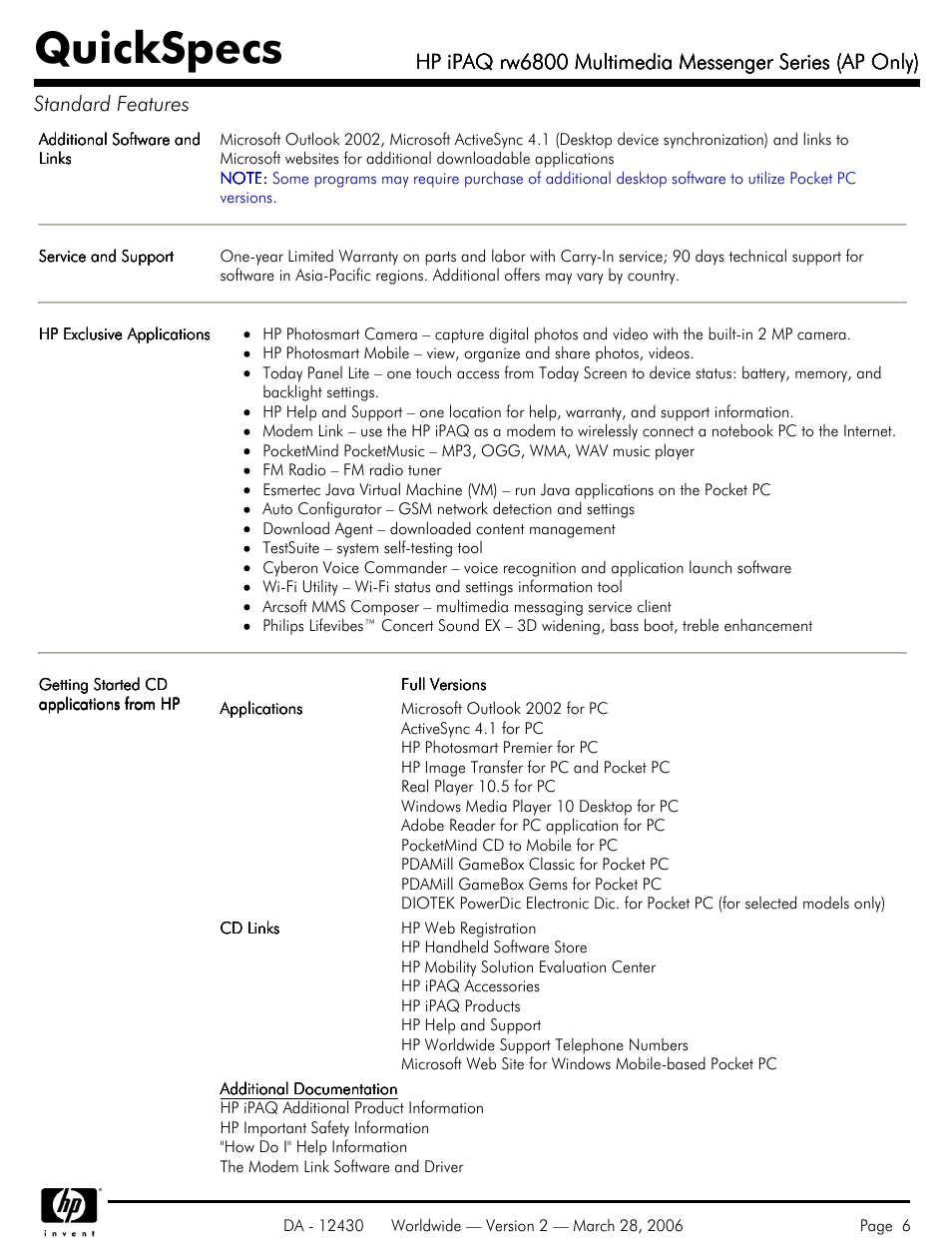 Quickspecs | HP iPAQ rw6800 User Manual | Page 6 / 11