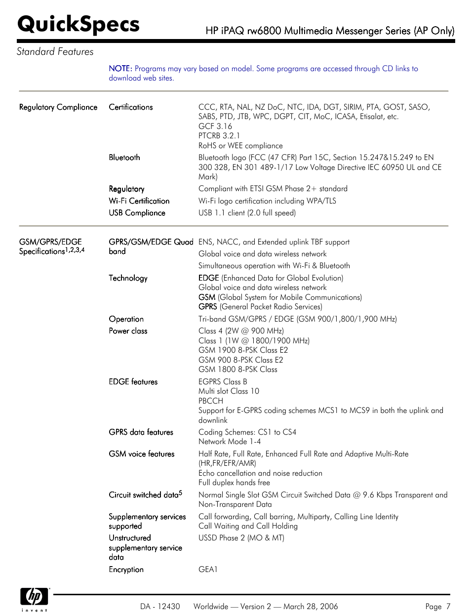 Quickspecs | HP iPAQ rw6800 User Manual | Page 7 / 11