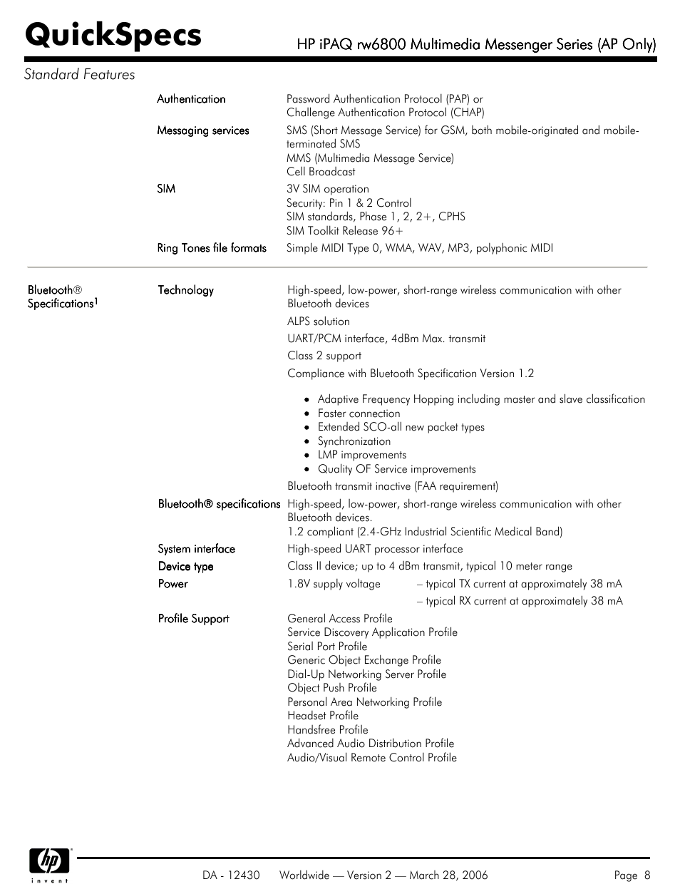 Quickspecs | HP iPAQ rw6800 User Manual | Page 8 / 11
