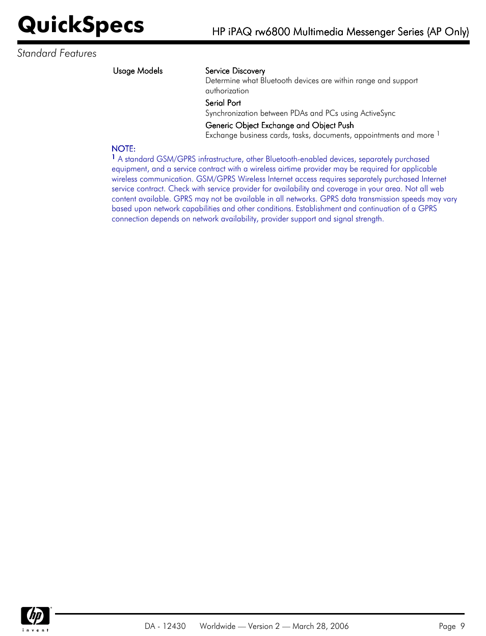 Quickspecs | HP iPAQ rw6800 User Manual | Page 9 / 11