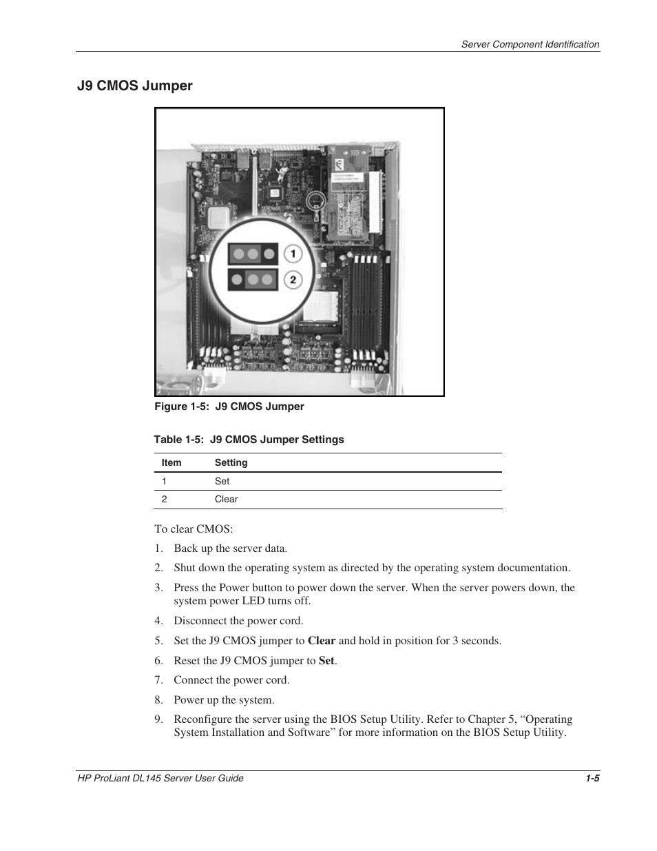 J9 cmos jumper, J9 cmos jumper -5 | HP ProLiant DL145 User Manual | Page 15 / 105