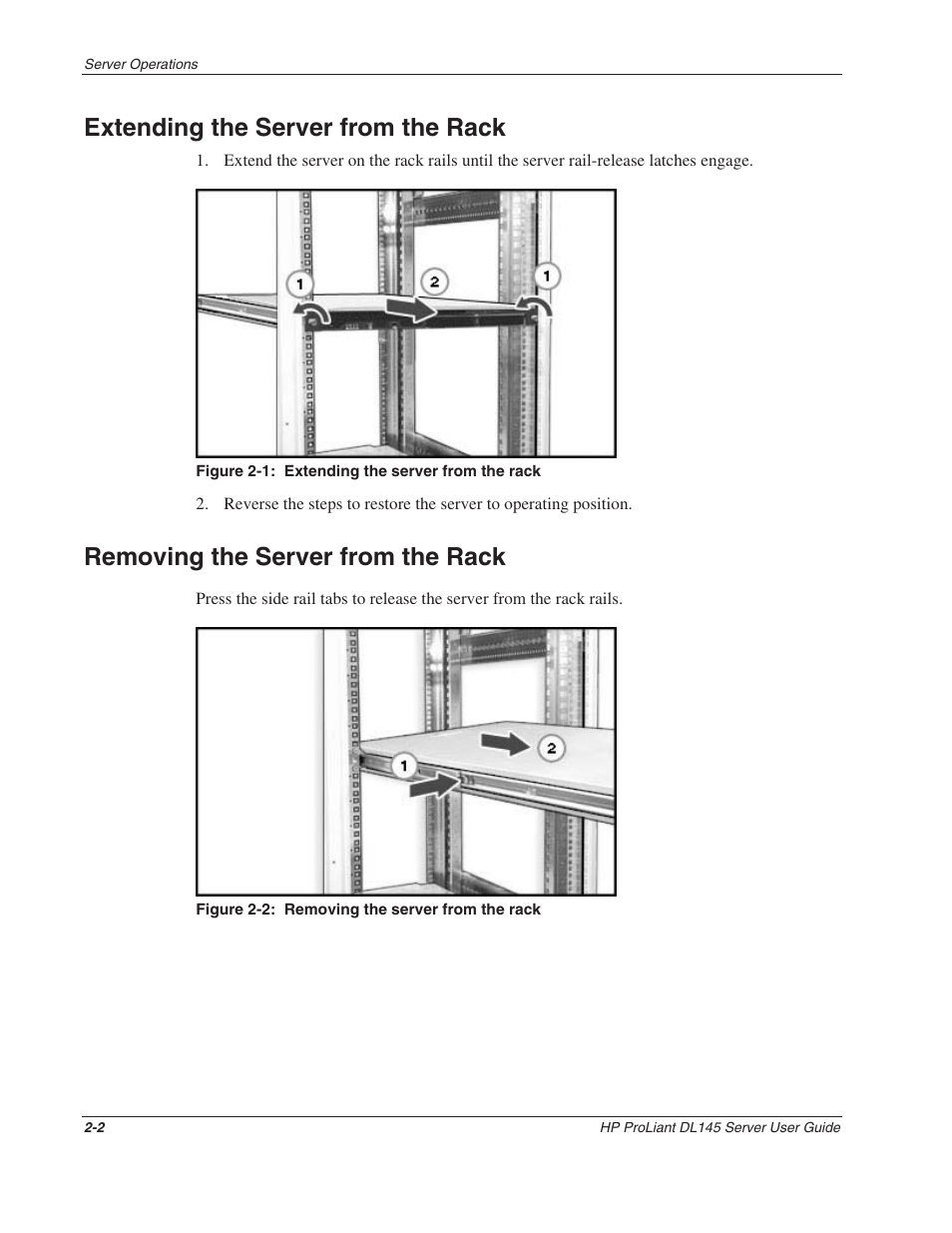 Extending the server from the rack, Removing the server from the rack, Extending the server from the rack -2 | Removing the server from the rack -2 | HP ProLiant DL145 User Manual | Page 17 / 105