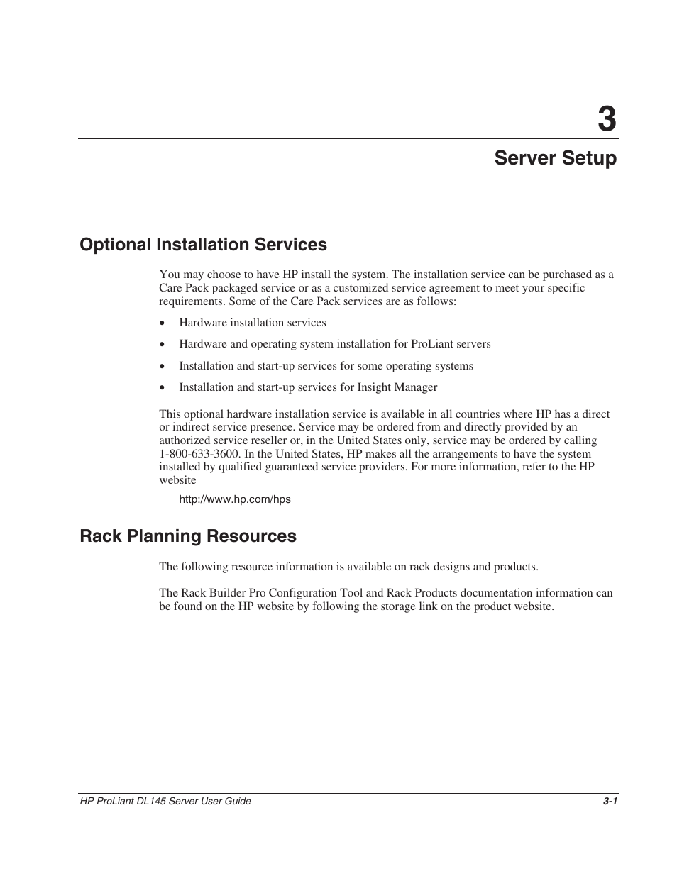 Chapter 3: server setup, Optional installation services, Rack planning resources | Chapter 3, Server setup, Optional installation services -1, Rack planning resources -1 | HP ProLiant DL145 User Manual | Page 20 / 105