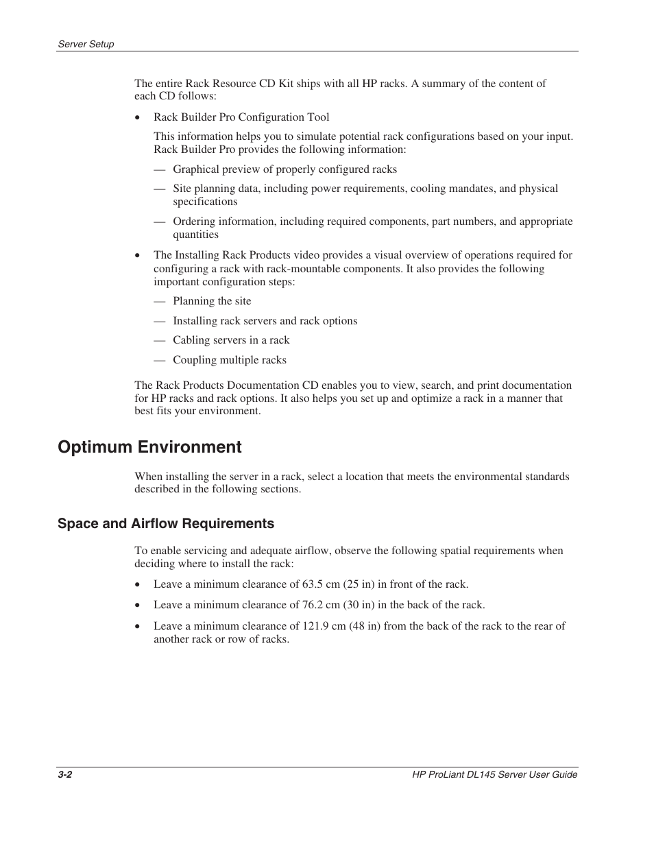 Optimum environment, Space and airflow requirements, Optimum environment -2 | Space and airflow requirements -2 | HP ProLiant DL145 User Manual | Page 21 / 105