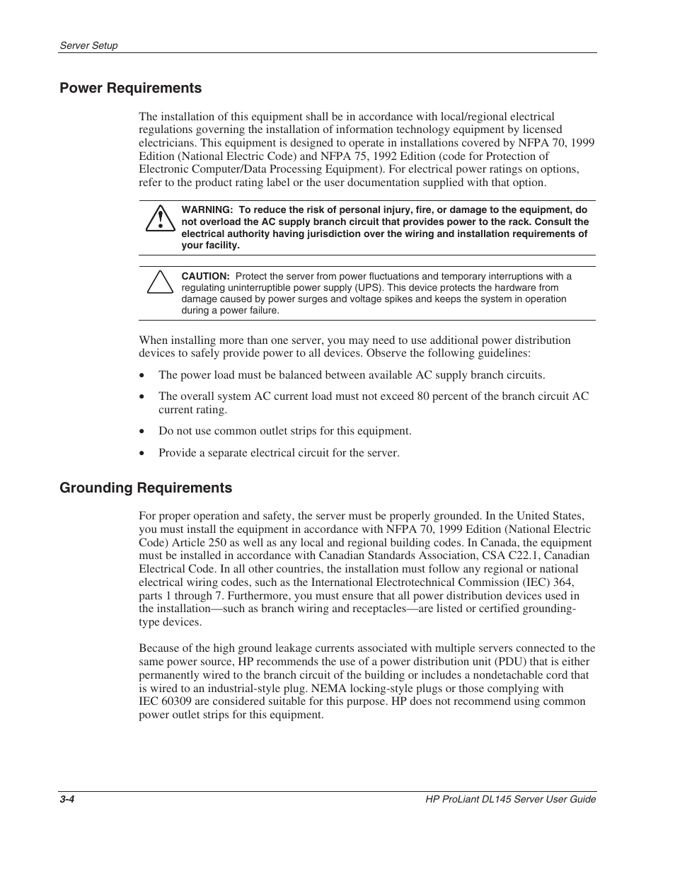 Power requirements, Grounding requirements, Power requirements -4 | Grounding requirements -4 | HP ProLiant DL145 User Manual | Page 23 / 105