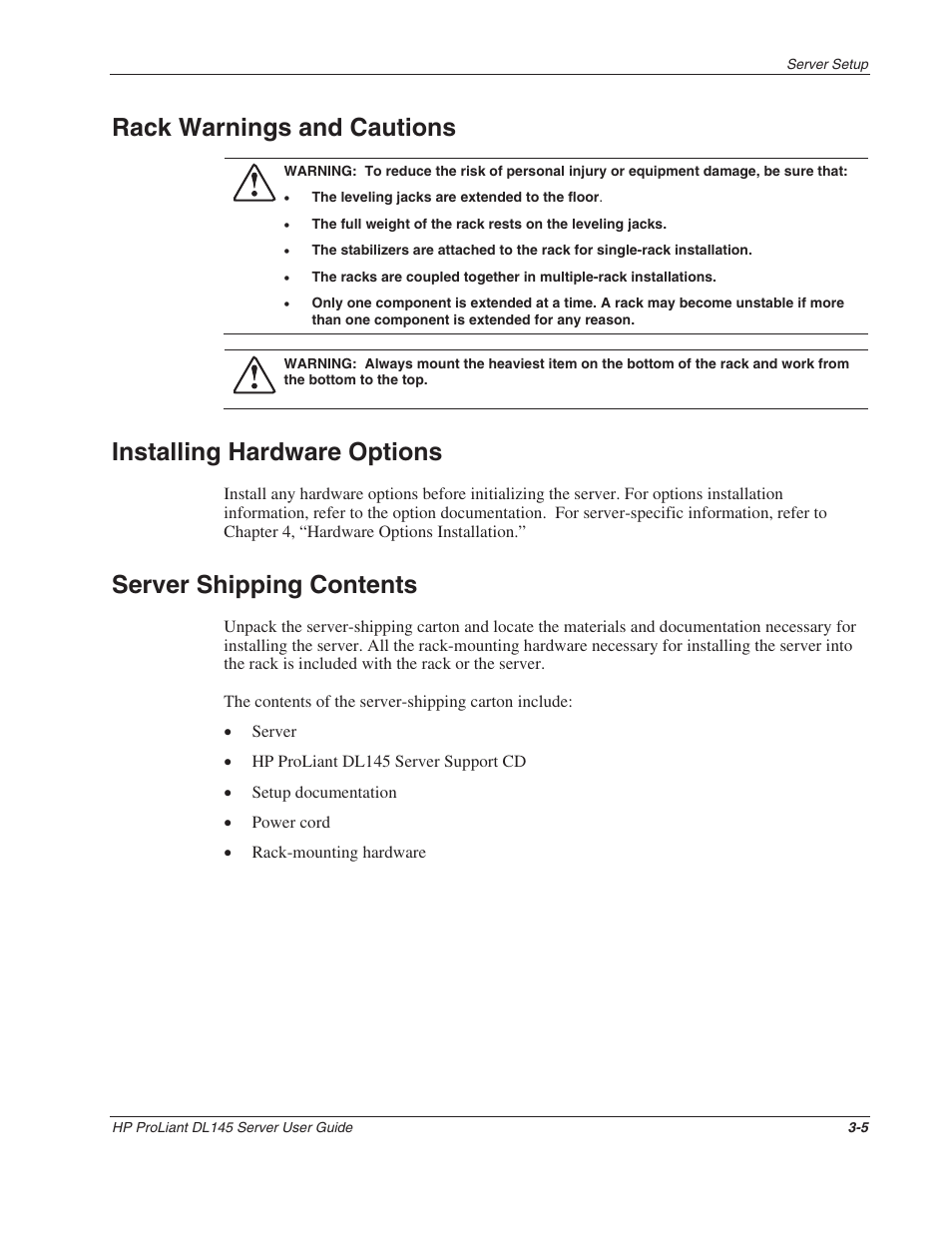 Rack warnings and cautions, Installing hardware options, Server shipping contents | Rack warnings and cautions -5, Installing hardware options -5, Server shipping contents -5 | HP ProLiant DL145 User Manual | Page 24 / 105