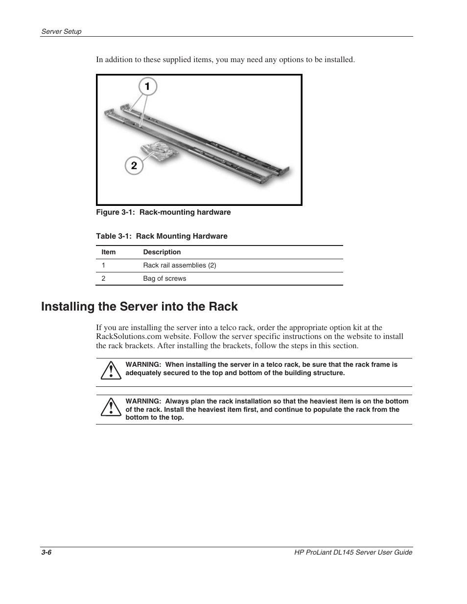 Installing the server into the rack, Installing the server into the rack -6 | HP ProLiant DL145 User Manual | Page 25 / 105