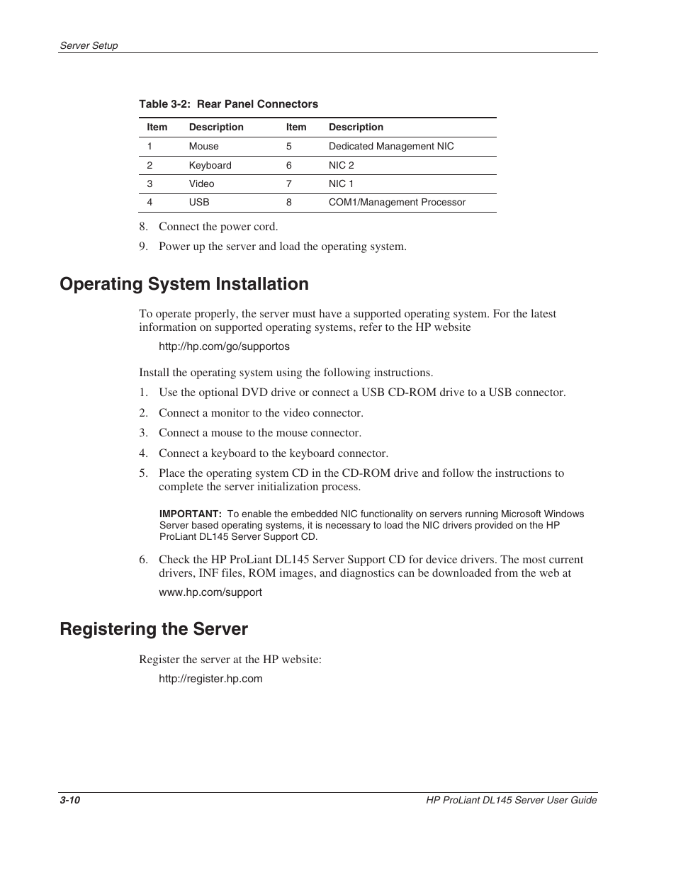 Operating system installation, Registering the server, Operating system installation -10 | Registering the server -10 | HP ProLiant DL145 User Manual | Page 29 / 105