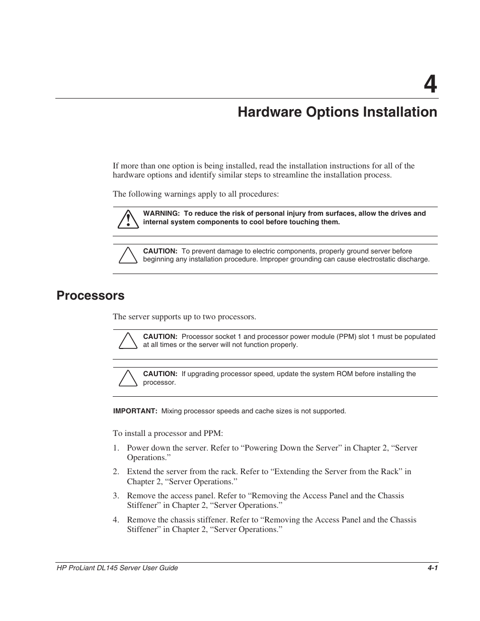 Chapter 4: hardware options installation, Processors, Chapter 4 | Hardware options installation, Processors -1 | HP ProLiant DL145 User Manual | Page 31 / 105