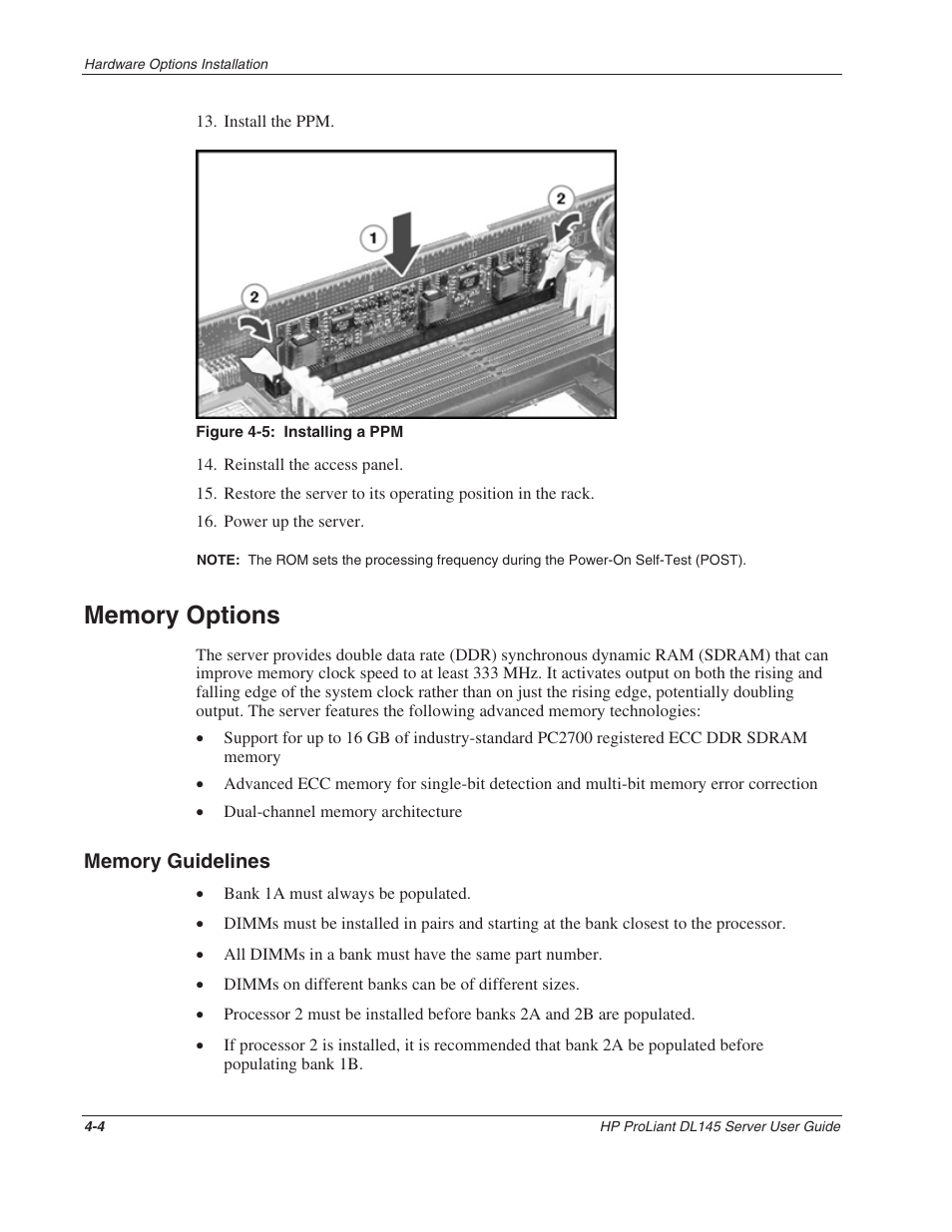 Memory options, Memory guidelines, Memory options -4 | Memory guidelines -4 | HP ProLiant DL145 User Manual | Page 34 / 105