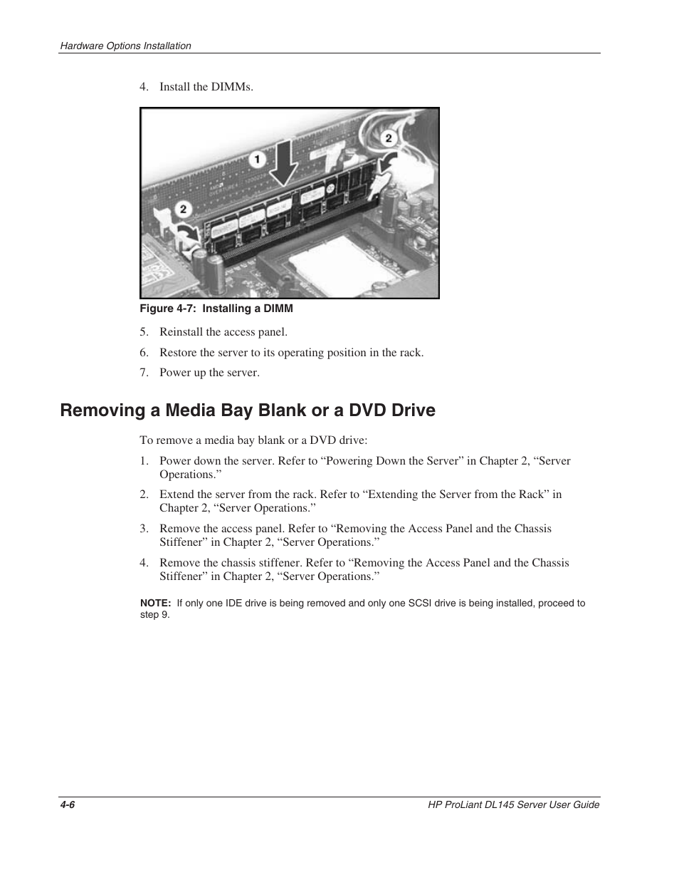 Removing a media bay blank or a dvd drive, Removing a media bay blank or a dvd drive -6 | HP ProLiant DL145 User Manual | Page 36 / 105