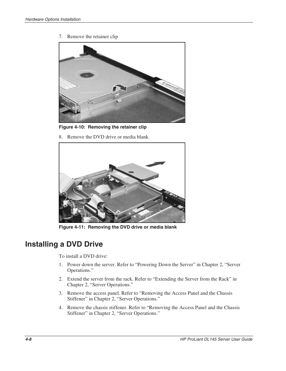 Installing a dvd drive, Installing a dvd drive -8 | HP ProLiant DL145 User Manual | Page 38 / 105