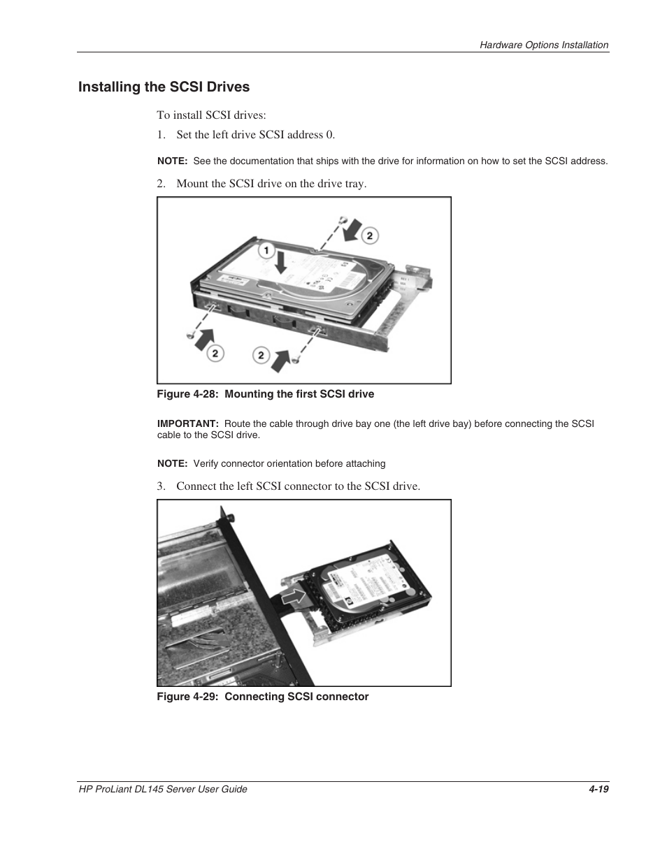 Installing the scsi drives, Installing the scsi drives -19 | HP ProLiant DL145 User Manual | Page 49 / 105