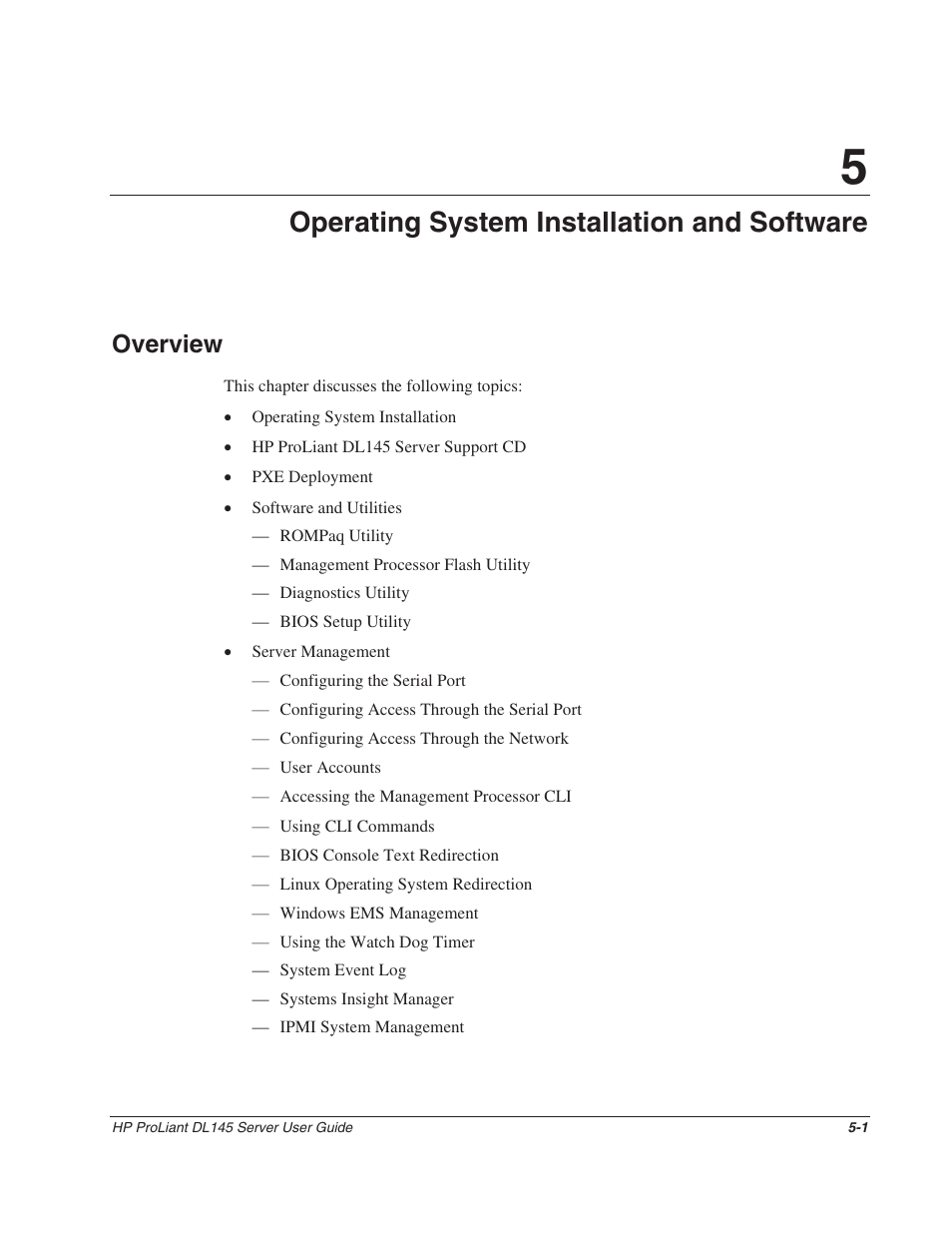 Overview, Chapter 5, Operating system installation and software | Overview -1 | HP ProLiant DL145 User Manual | Page 56 / 105