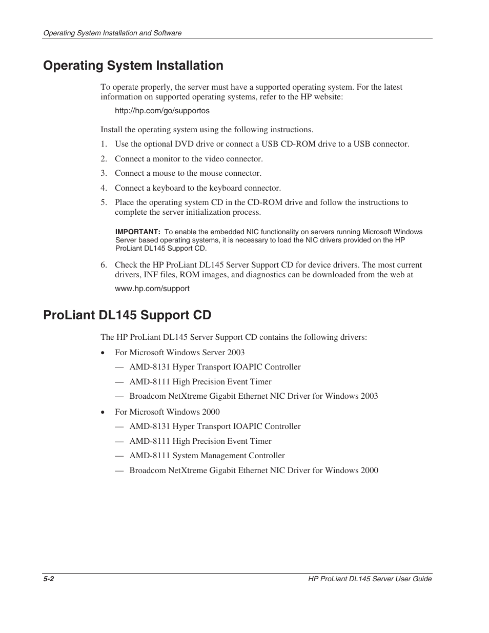 Operating system installation, Proliant dl145 support cd, Operating system installation -2 | Proliant dl145 support cd -2 | HP ProLiant DL145 User Manual | Page 57 / 105