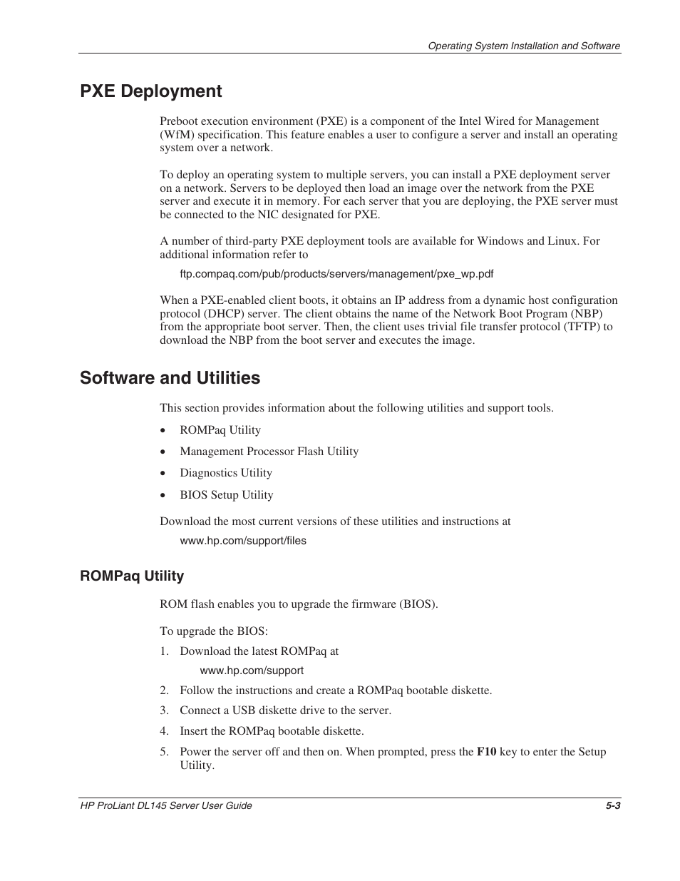 Pxe deployment, Software and utilities, Rompaq utility | Pxe deployment -3, Software and utilities -3, Rompaq utility -3 | HP ProLiant DL145 User Manual | Page 58 / 105