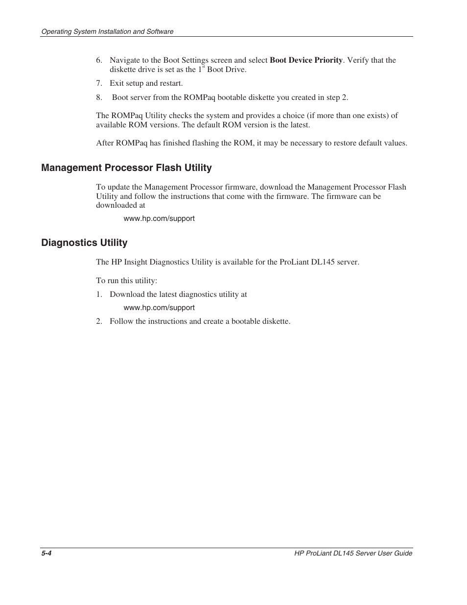 Management processor flash utility, Diagnostics utility, Management processor flash utility -4 | Diagnostics utility -4 | HP ProLiant DL145 User Manual | Page 59 / 105