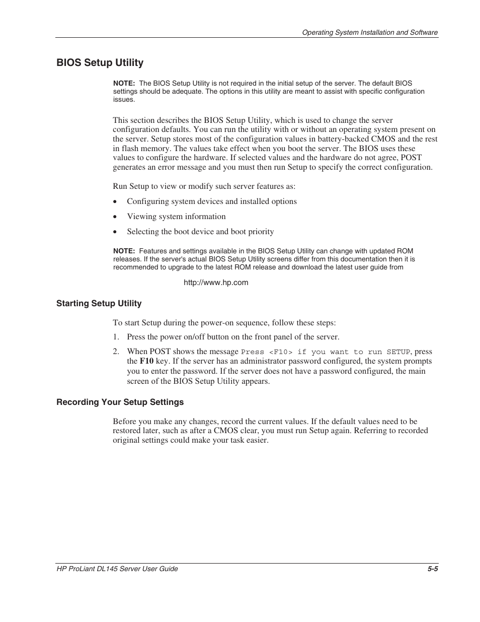 Bios setup utility, Starting setup utility, Recording your setup settings | Bios setup utility -5 | HP ProLiant DL145 User Manual | Page 60 / 105