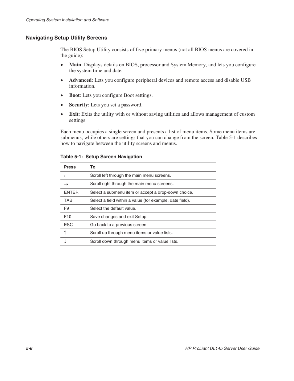 Navigating setup utility screens | HP ProLiant DL145 User Manual | Page 61 / 105