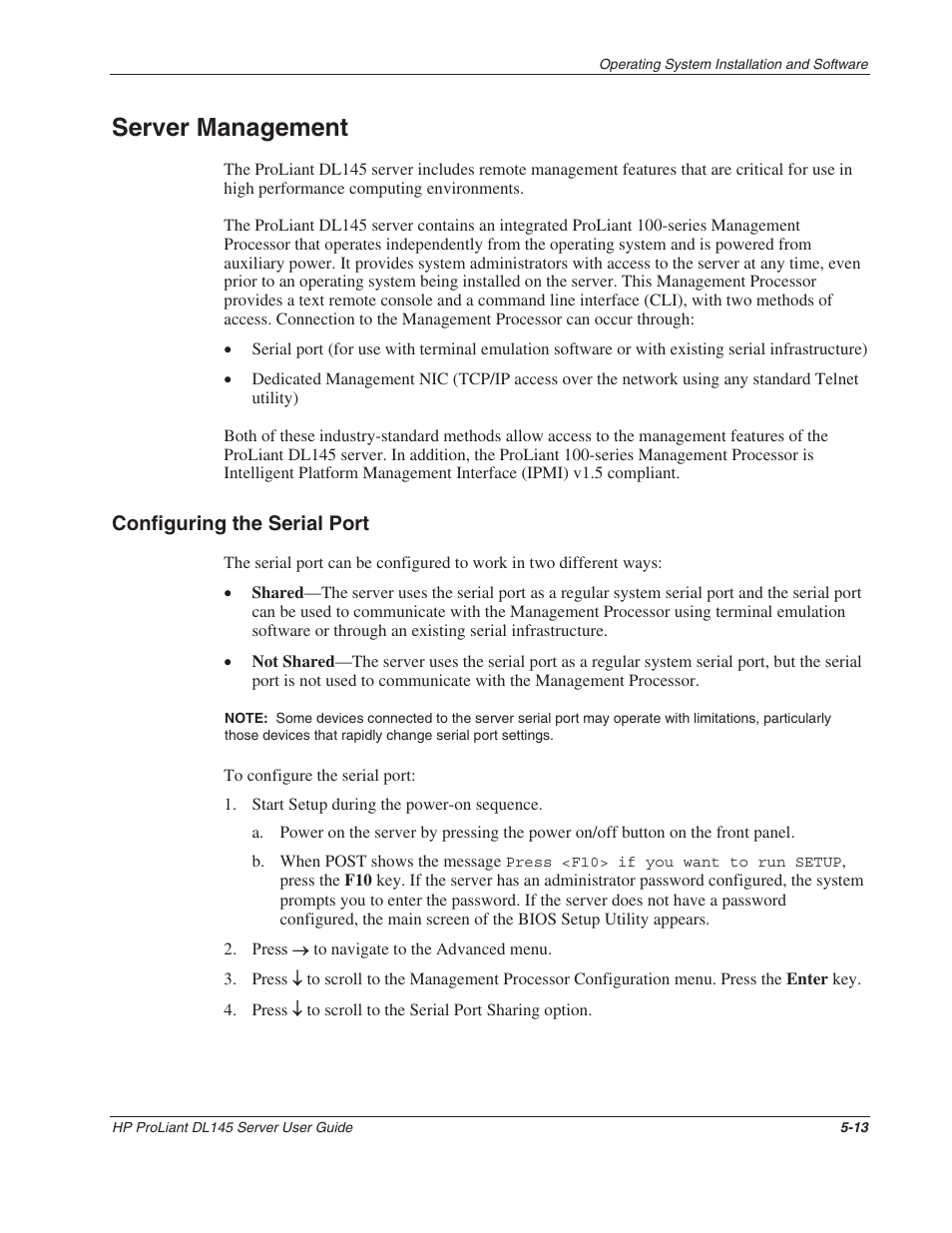 Server management, Configuring the serial port, Server management -13 | Configuring the serial port -13 | HP ProLiant DL145 User Manual | Page 68 / 105