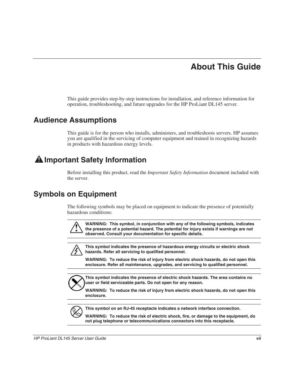 About this guide, Audience assumptions, Important safety information | Symbols on equipment | HP ProLiant DL145 User Manual | Page 7 / 105