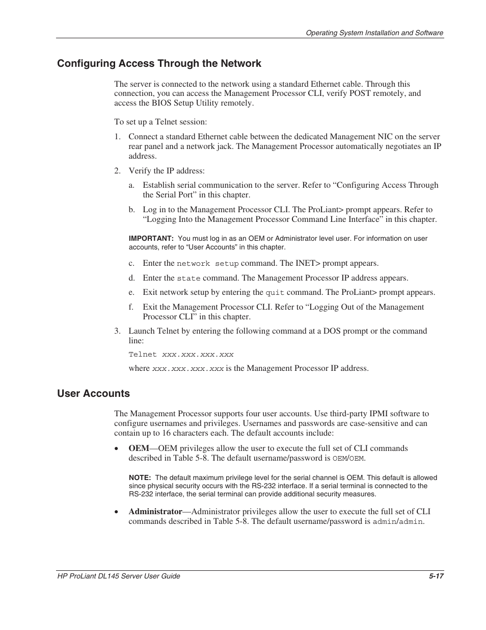 Configuring access through the network, User accounts, Configuring access through the network -17 | User accounts -17 | HP ProLiant DL145 User Manual | Page 72 / 105