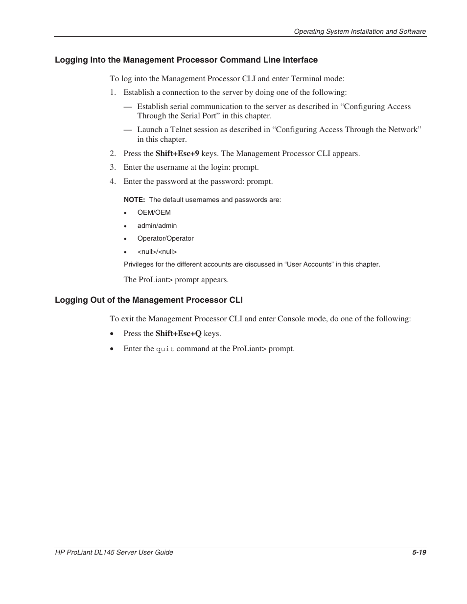 Logging out of the management processor cli | HP ProLiant DL145 User Manual | Page 74 / 105