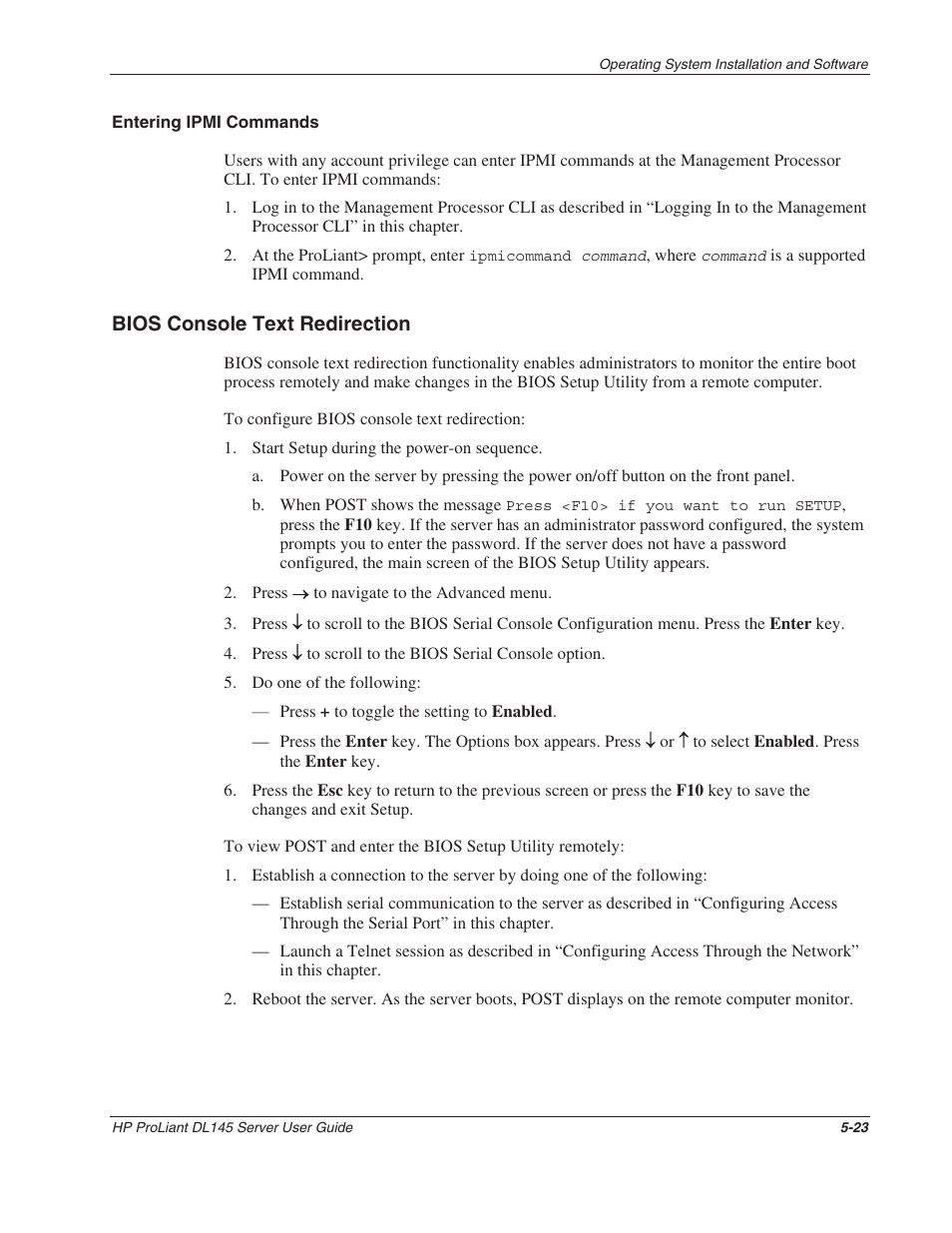 Entering ipmi commands, Bios console text redirection, Bios console text redirection -23 | HP ProLiant DL145 User Manual | Page 78 / 105