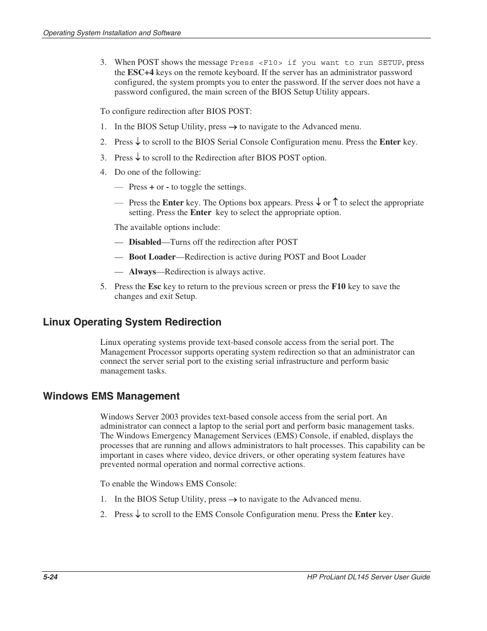 Linux operating system redirection, Windows ems management, Linux operating system redirection -24 | Windows ems management -24 | HP ProLiant DL145 User Manual | Page 79 / 105