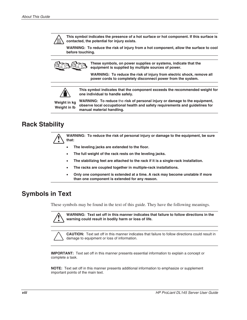 Rack stability, Symbols in text | HP ProLiant DL145 User Manual | Page 8 / 105