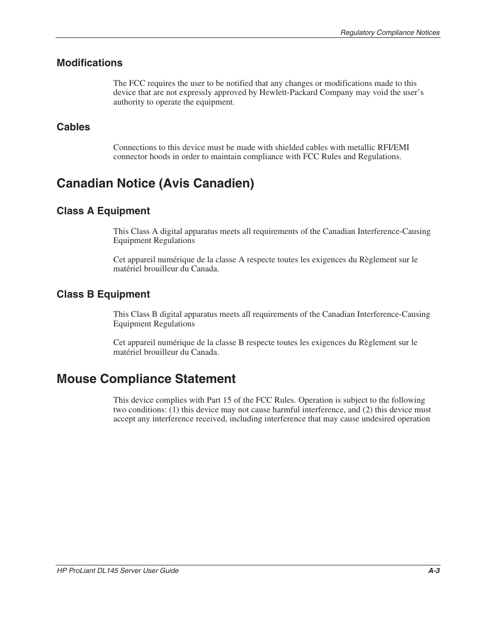 Modifications, Cables, Canadian notice (avis canadien) | Class a equipment, Class b equipment, Mouse compliance statement | HP ProLiant DL145 User Manual | Page 85 / 105