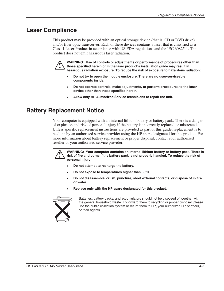 Laser compliance, Battery replacement notice | HP ProLiant DL145 User Manual | Page 87 / 105