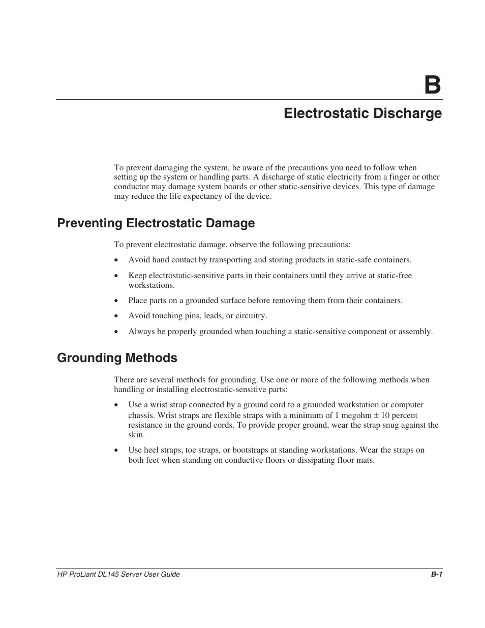 Appendix b: electrostatic discharge, Preventing electrostatic damage, Grounding methods | Appendix b, Electrostatic discharge | HP ProLiant DL145 User Manual | Page 88 / 105