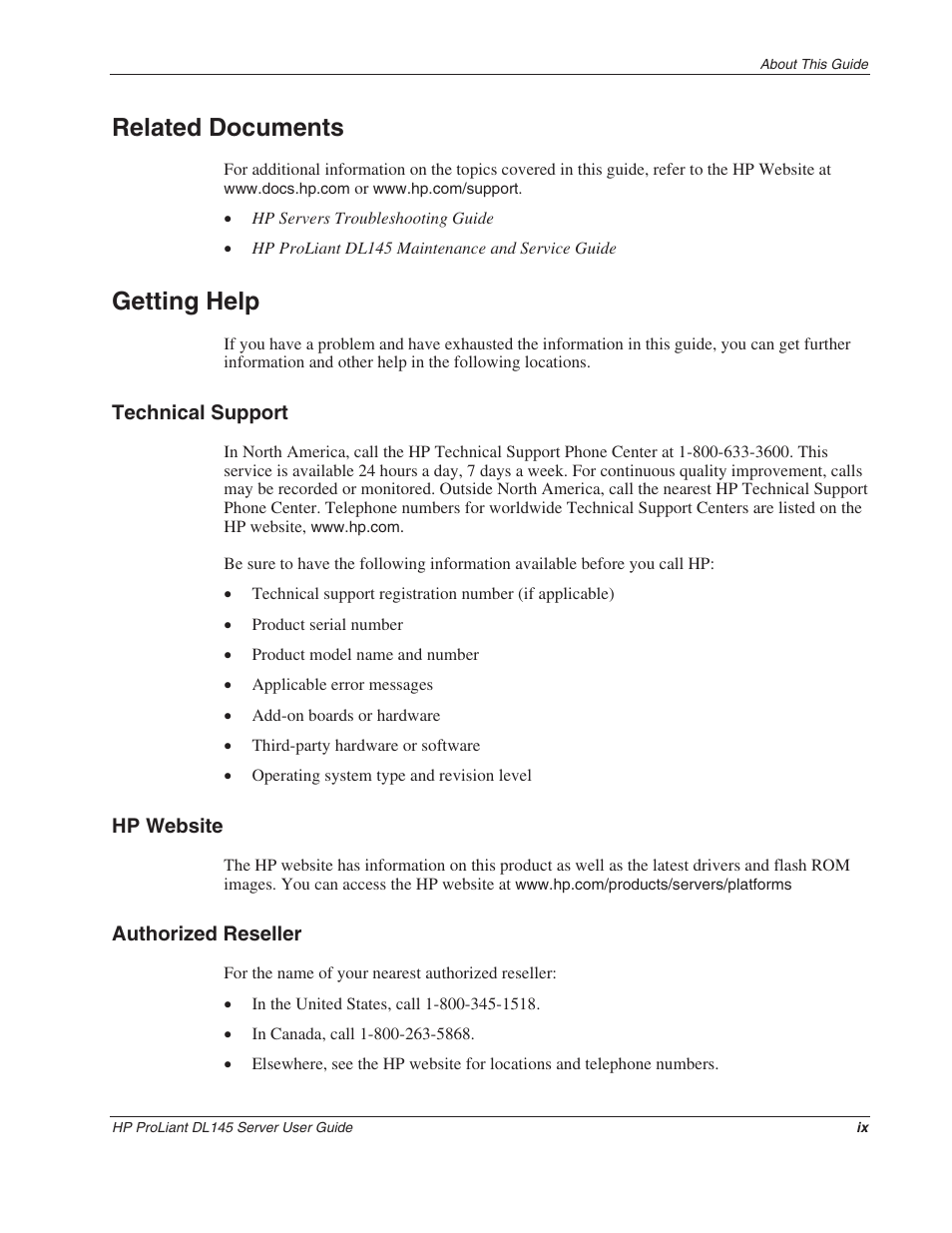 Related documents, Getting help, Technical support | Hp website, Authorized reseller | HP ProLiant DL145 User Manual | Page 9 / 105