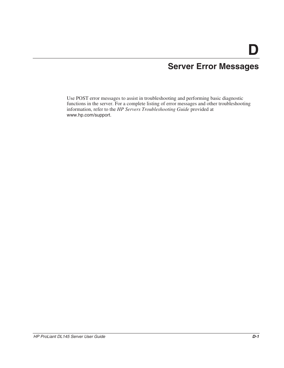 Appendix d: server error messages, Appendix d, Server error messages | HP ProLiant DL145 User Manual | Page 92 / 105