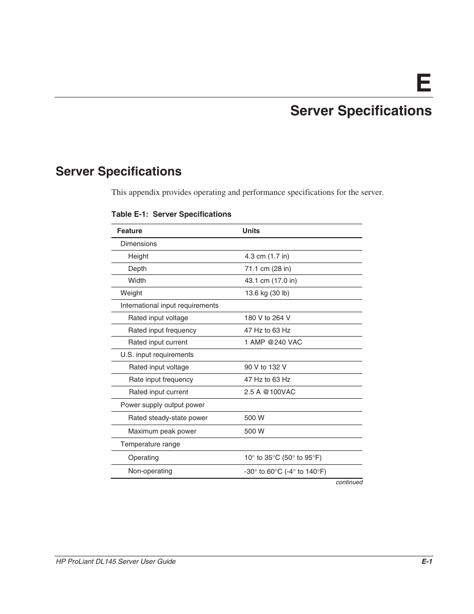 Appendix e: server specifications, Server specifications, Appendix e | HP ProLiant DL145 User Manual | Page 93 / 105