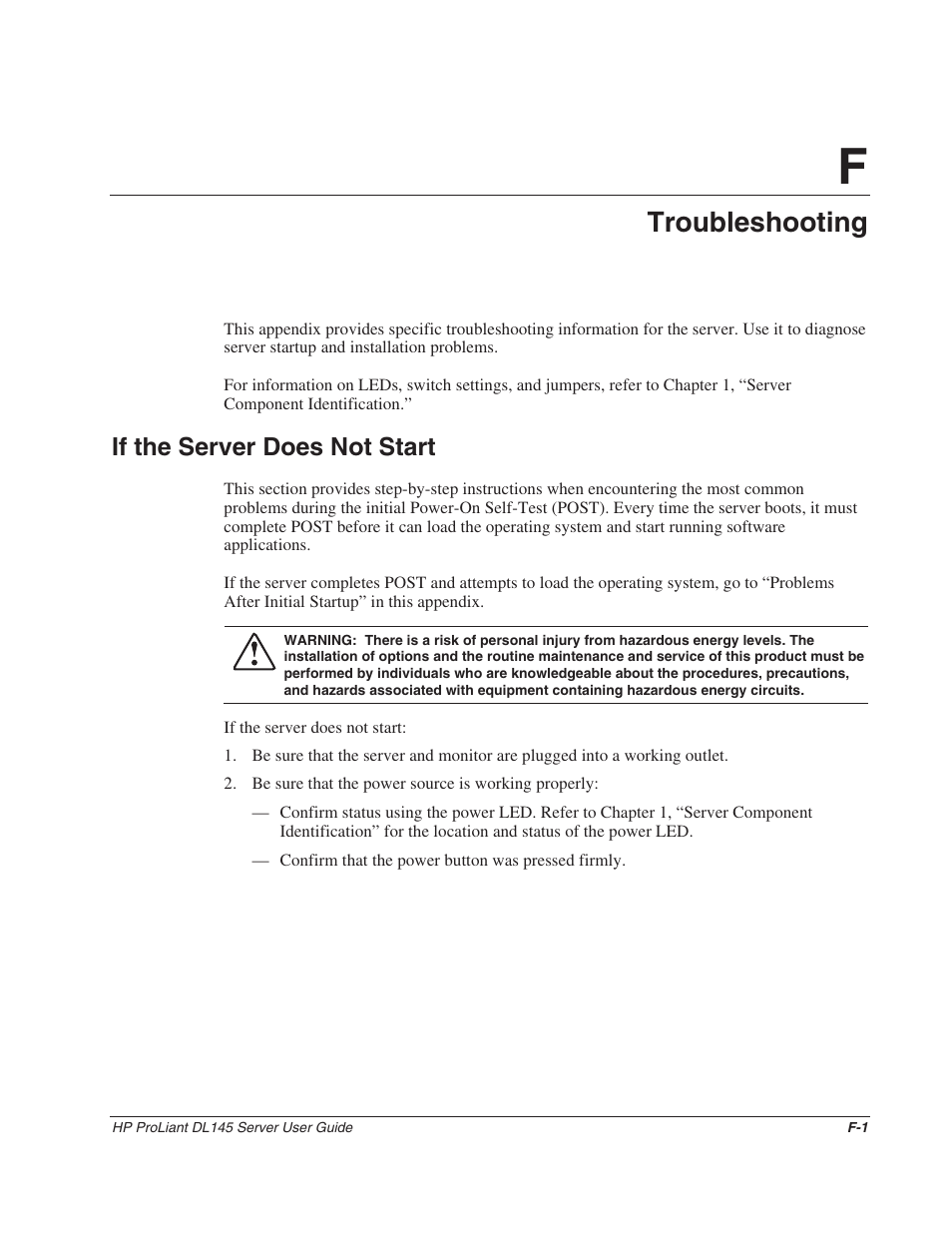 Appendix f: troubleshooting, If the server does not start, Appendix f | Troubleshooting | HP ProLiant DL145 User Manual | Page 95 / 105